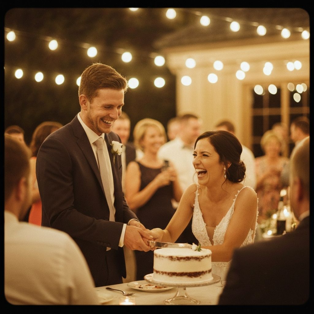 Wedding reception moment — couple laughing joyfully at the cake-cutting table in evening light
